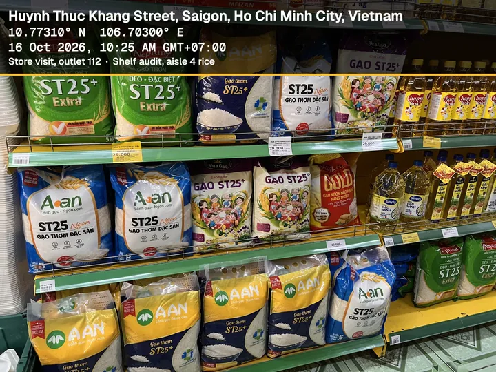 Supermarket shelf of rice bags, with the Banner stamp: Ho Chi Minh City, coordinates, date and time, Store visit, outlet 112, shelf audit