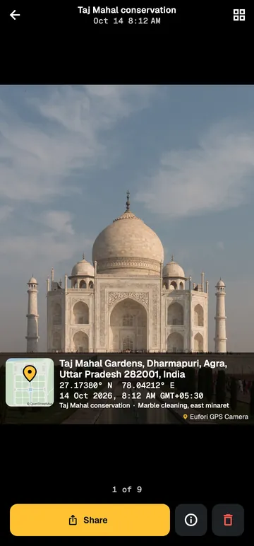 A stamped photo of the Taj Mahal in the viewer, with the Share button