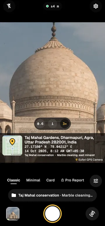 The camera screen at 3× on the Taj Mahal dome, with lens buttons 0.6, 1 and 3 and the live stamp